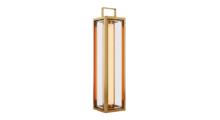 Isolated decorative lantern in a brass finish with a vertical illuminated light bar inside