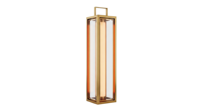 Isolated decorative lantern in a brass finish with a vertical illuminated light bar inside