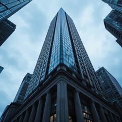 View of a Modern Skyscraper with Glass Facade Surrounded by Urban Architecture Under Cloudy Sky
