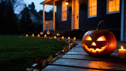 Spooky Halloween Pumpkin Lanterns Illuminating the Pathway to a Cozy Home at Night