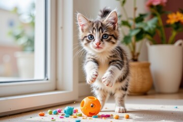 Playful Kitten Jumping Towards Colorful Toy in Bright Indoor Setting by a Window with Plants