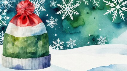 Colorful Watercolor Winter Beanie with Pom-Pom on Snow Covered Ground and Snowflakes in Background