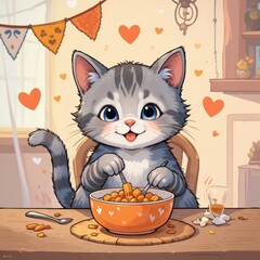 Playful Gray Kitten Enjoying a Bowl of Food in a Cozy Home Setting with Heart Decorations