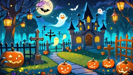 Spooky Halloween Scene with Jack O' Lanterns, Ghosts and a Castle Under a Full Moon