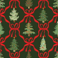 Christmas Santa Claus face preppy coquette bows seamless pattern for wrap, textile