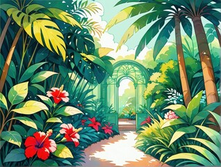 Lush Tropical Garden Pathway with Vibrant Flowers Under Sunlight Surrounded by Exotic Plants