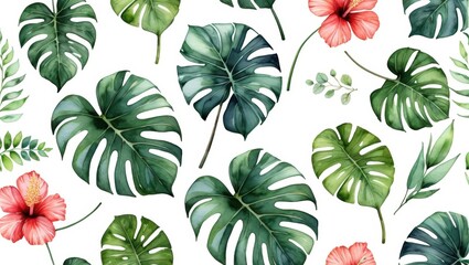 Vibrant Tropical Leaves and Flowers Pattern Featuring Monstera and Hibiscus on a White Background