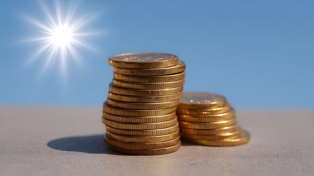 Stacks of shiny gold coins resting on a surface with a bright sun and blue sky in the background symbolizing wealth and financial success