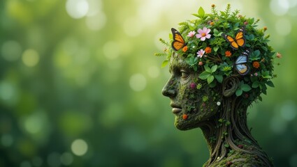 Profile Of A Human Head Formed By Lush Greenery And Colorful Flowers In A Serene Natural Setting