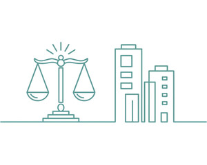 Law firm justice scales building legal services attorney advocate courthouse city skyline representation of law