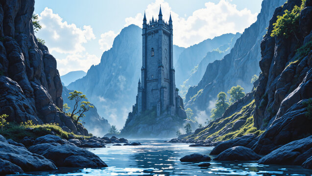 Tall medieval tower castle on a rocky island in a calm river, surrounded by dramatic mountains, mist, and sunlight, digital art for fantasy, adventure, and historical themes
