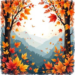 Vibrant Autumn Landscape with Colorful Leaves Framing a Mountain View in a Serene Setting