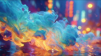 Vibrant cityscape at night, colorful smoke swirling in urban setting, dynamic lights reflecting on wet pavement, energetic atmosphere.