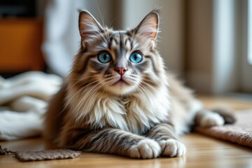 Close-Up Portrait of a Fluffy Cat with Striking Blue Eyes Relaxing Indoors on a Wooden Floor
