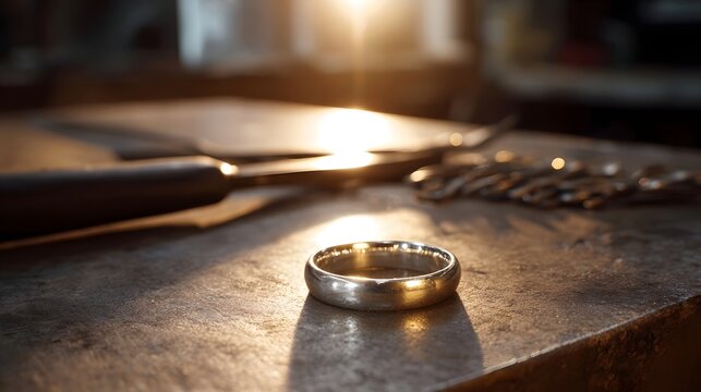 A detailed silver ring rests on a textured metal surface in a dimly lit workshop illuminated by dramatic golden hour sunlight