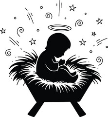 Newborn baby Jesus silhouette in a manger with stars and swirls