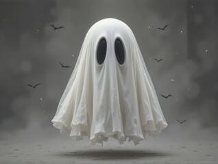 Eerie Floating Ghost in a Dark Atmosphere Surrounded by Bats and Shadows with Foggy Background