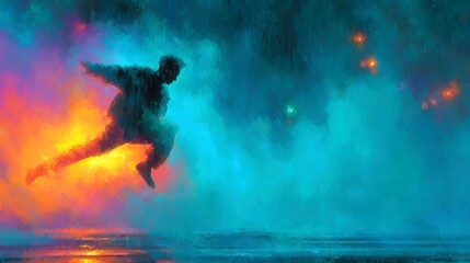Dynamic figure leaping through vibrant colored fog, energetic movement and bright hues evoke a sense of freedom and adventure.
