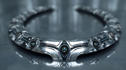 Naklejka premium A sleek futuristic polished metallic collar with intricate blue glowing details