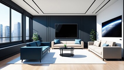 Modern Urban Living Room Interior Design Featuring Expansive City Views and Contemporary Decor