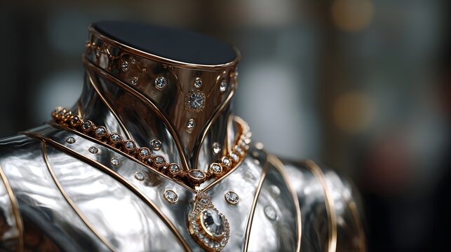 A detailed ornate golden armor or garment adorned with diamonds featuring a highly polished and reflective metallic finish