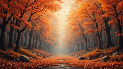 Serene Autumn Forest Pathway with Vibrant Orange Leaves and Soft Fog in Tranquil Morning Light