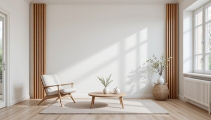 Minimalist Interior Living Room with Natural Light and Wooden Accents in a Modern Home