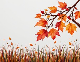 Vibrant Autumn Leaves Branch Against a Minimalist Background Depicting Seasonal Change