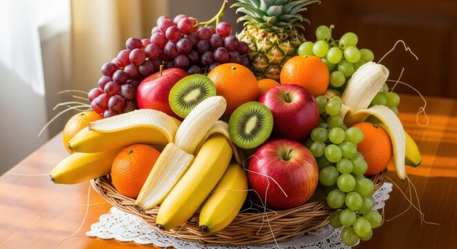 a multiple fruits in basket apple banana  - Powered by Adobe