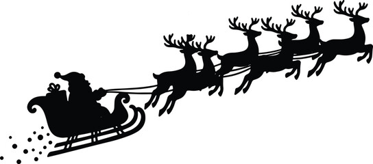 Santa Claus flying in sleigh pulled by reindeer silhouette illustration