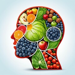 Silhouette of a Head Filled with Colorful Fruits and Vegetables Representing Healthy Eating and Nutrition