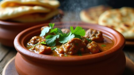 Steaming indian curry in a clay pot with naan bread