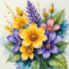 Colorful Watercolor Floral Arrangement Featuring Yellow and Purple Flowers with Green Leaves