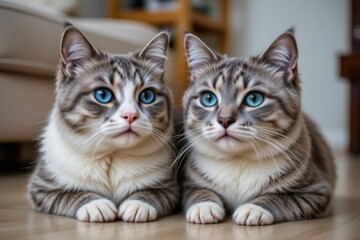 Two Adorable Cats with Striking Blue Eyes Sitting Together on a Wooden Floor in a Cozy Living Room