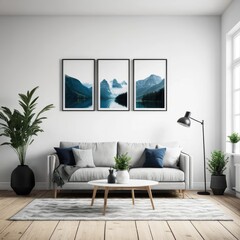 Contemporary Living Room with Mountain Artwork and Indoor Plants in Bright and Spacious Setting