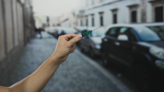 Man holding picklock on city street with blurred cars and buildings in the background, showcasing urban environment and locksmith tool in male hand.