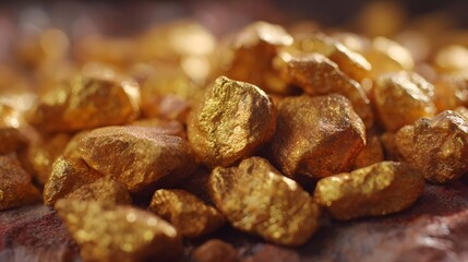 Fototapeta premium Detailed ro shot of rough unrefined gold nuggets glinting with metallic luster representing immense wealth and valuable natural resources