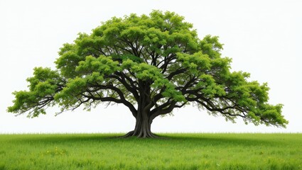 Majestic Leafy Tree Standing Proudly in a Grassy Field Under Bright Blue Sky