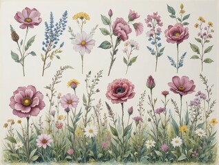 Vibrant Floral Illustration Featuring a Variety of Blooming Flowers in a Garden Setting