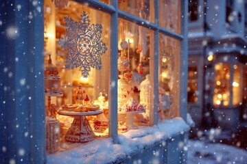 Obraz premium Snowy window view of a small bakery, warm glow from inside highlighting decorated holiday treats, inviting and magical festive scene