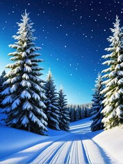 Snowy Winter Wonderland with Pine Trees and Clear Blue Sky Under Gentle Falling Snow