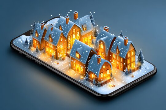 A festive mobile app interface showcasing a snowy winter landscape, warm lighting, and cheerful colors, evoking a joyful New Year spirit