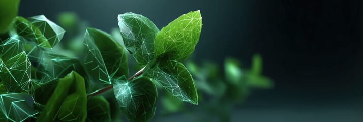 Futuristic digital leafy plant with geometric patterns in a green environment