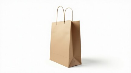 Single tall brown paper shopping bag with twisted handles isolated on white