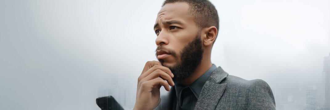 Pensive african male adult in suit against cityscape background - Powered by Adobe