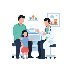 Obraz premium Father and his young daughter having a pleasant consultation with their friendly pediatrician in a welcoming clinic office.
