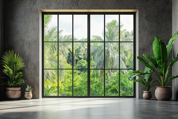 Fototapeta premium Grey empty living room interior, panoramic window on tropics