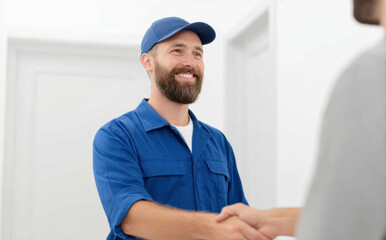 Smiling technician and professional repairman in blue uniform shakes hands with customer. friendly man and worker provides great home service with handshake