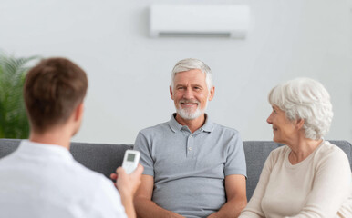 Fototapeta premium Happy senior couple talking with technician about air conditioner service and repair at home. professional worker installing new unit explains remote control