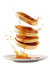 Stack of pancakes in mid-air, dripping with syrup